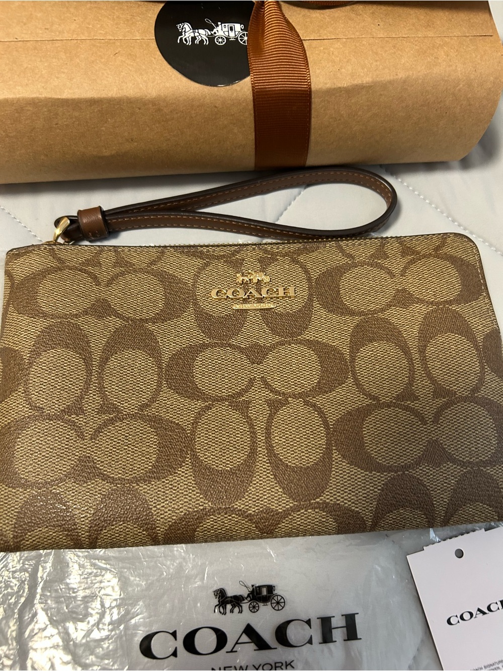 COACH Large Corner Zip Wristlet  Signature Khaki